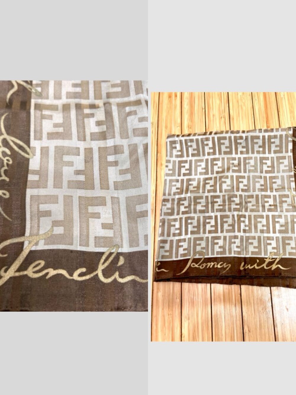 FENDI Zuca Mini Scarf/Bandana Silk 22.5" Beige Brown Logo FF Stiped (35 - Picture 8 of 13